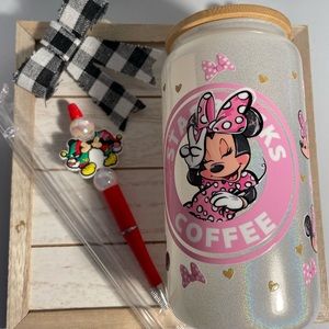 Minnie Mouse White Shimmering Cup with lid, Straw and Beaded Minnie Pen
